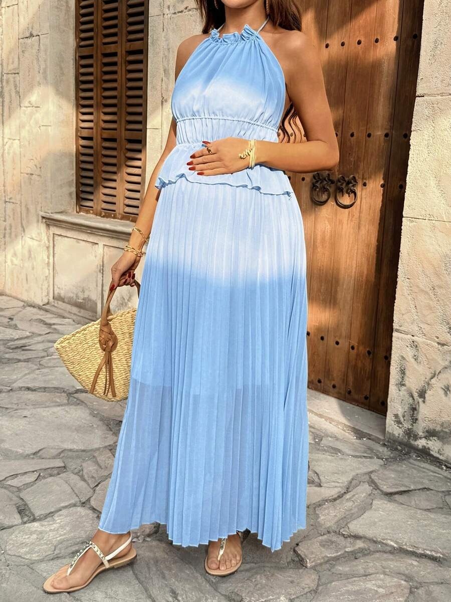 Sky Blue Pleated Halter Maxi Dress