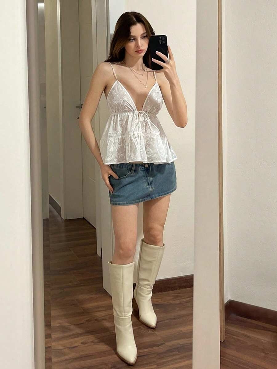 White Eyelet Lace Deep V-Neck Peplum Cami Top