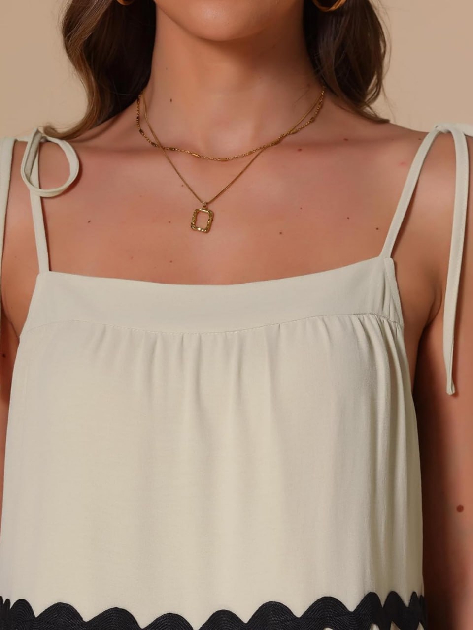 Cream Textured Tiered Sundress with Black Trim