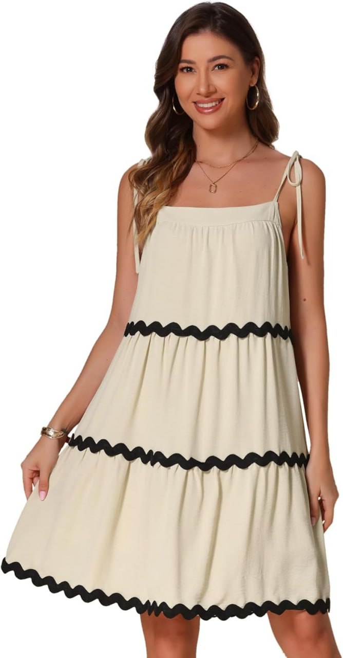 Cream Textured Tiered Sundress with Black Trim