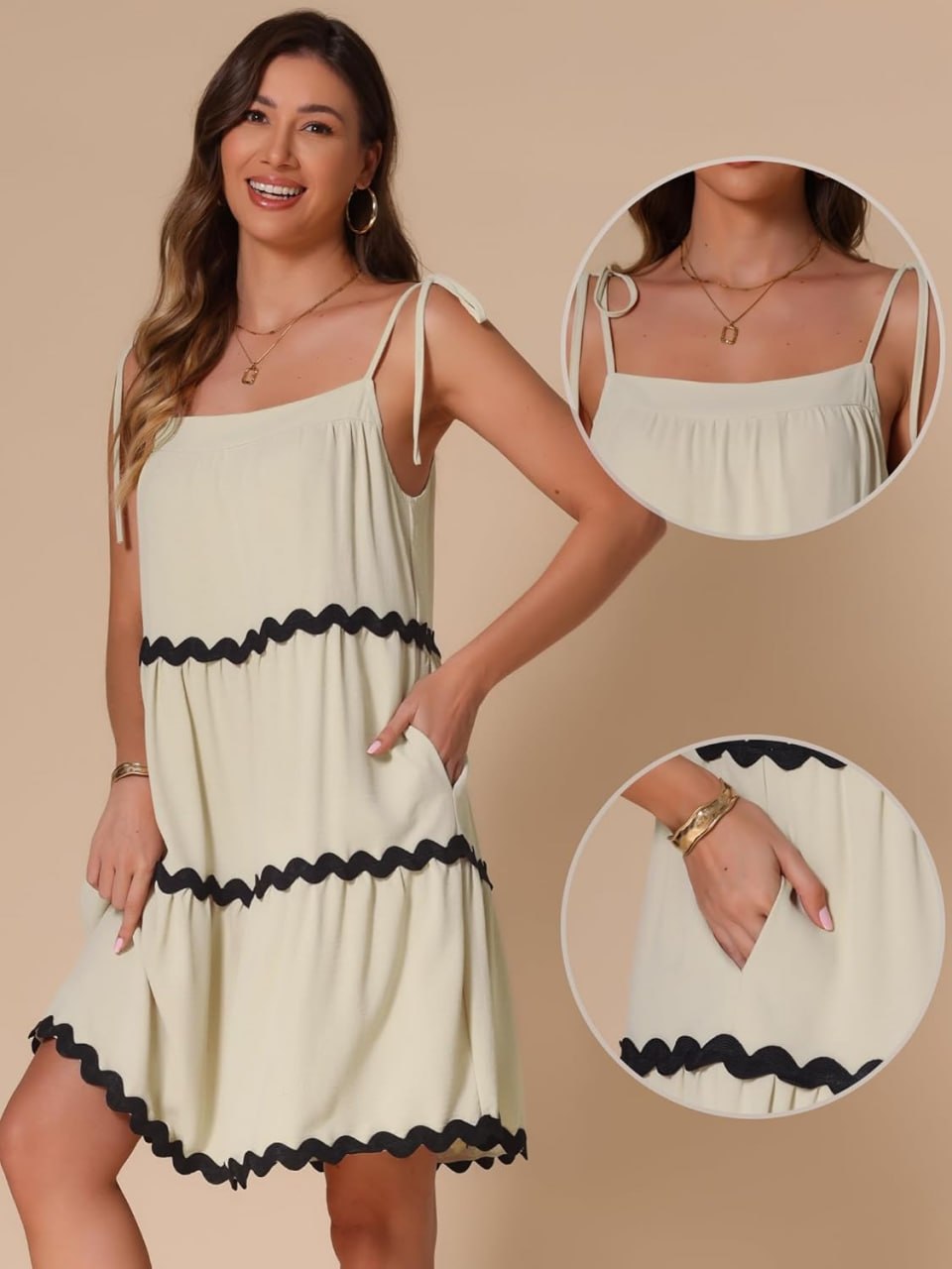 Cream Textured Tiered Sundress with Black Trim