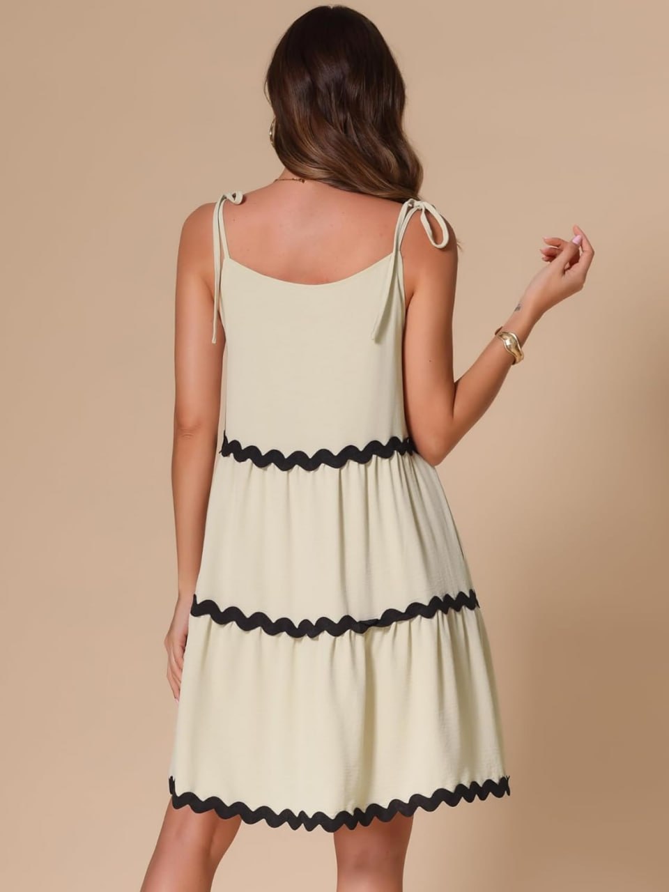 Cream Textured Tiered Sundress with Black Trim