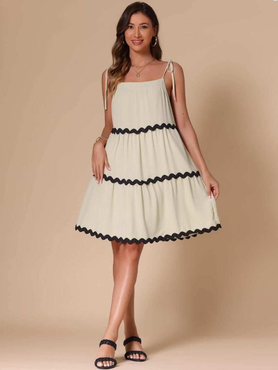 Cream Textured Tiered Sundress with Black Trim