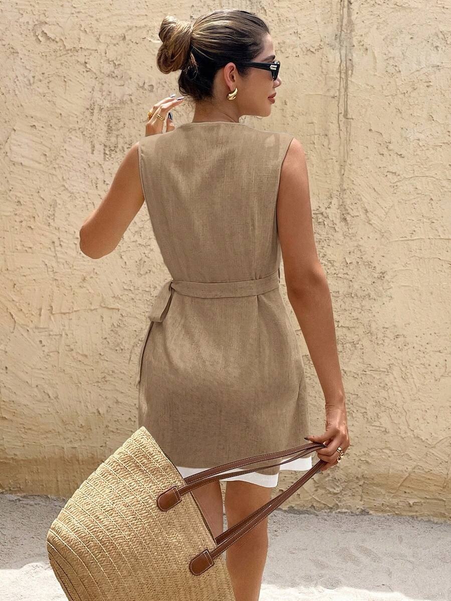 Beige & White Contrast Sleeveless V-Neck Wrap Mini Dress