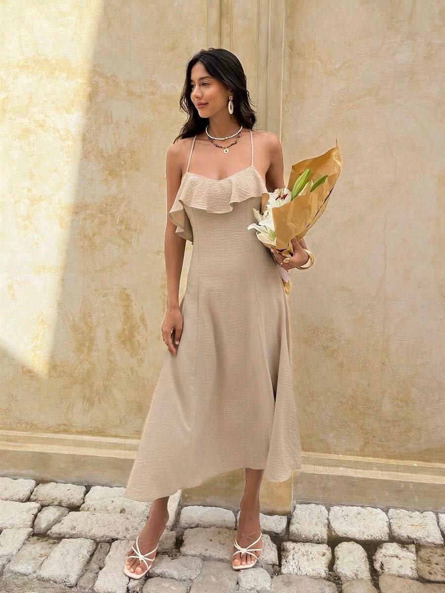 Nude Beige Backless Frill Strappy Maxi Dress