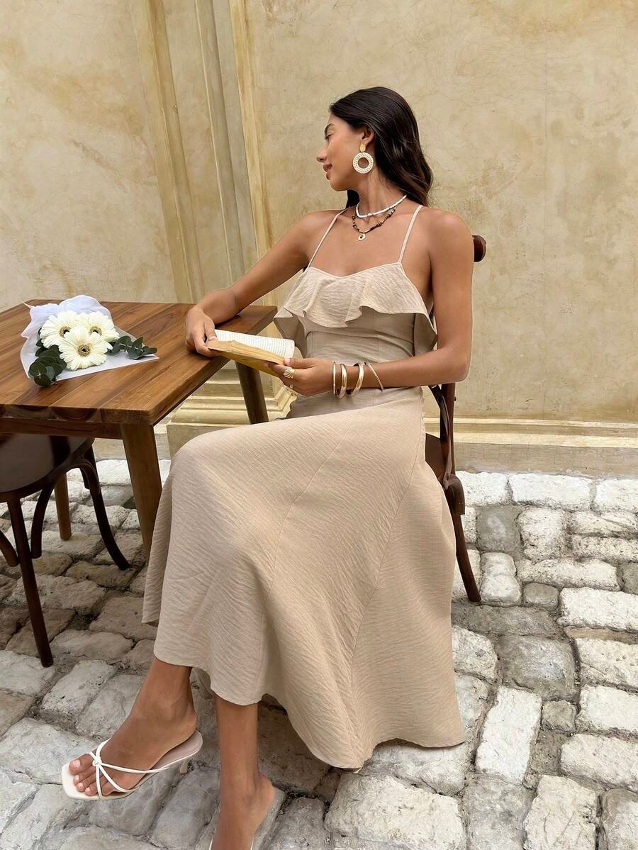 Nude Beige Backless Frill Strappy Maxi Dress