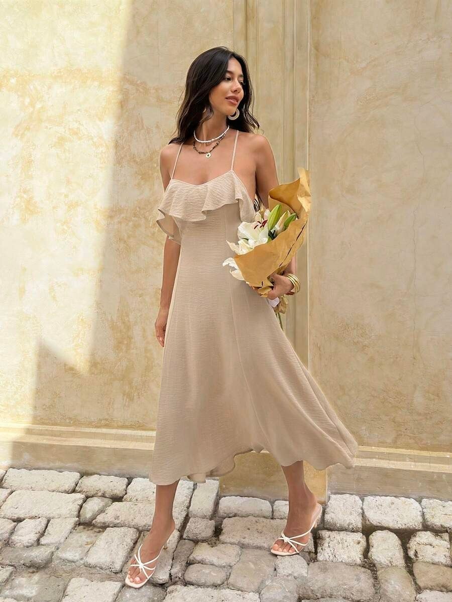 Nude Beige Backless Frill Strappy Maxi Dress