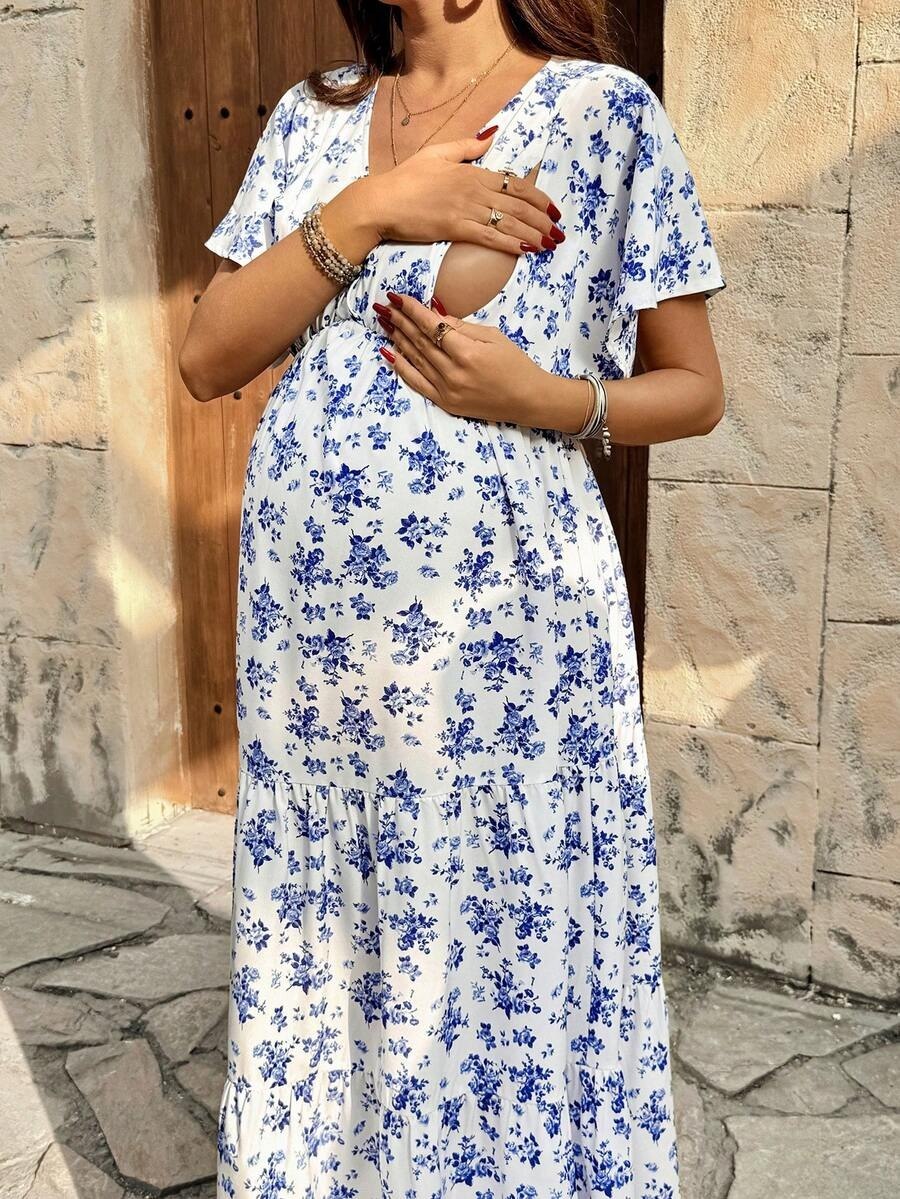 White Floral V-Neck Feeding Maxi Dress