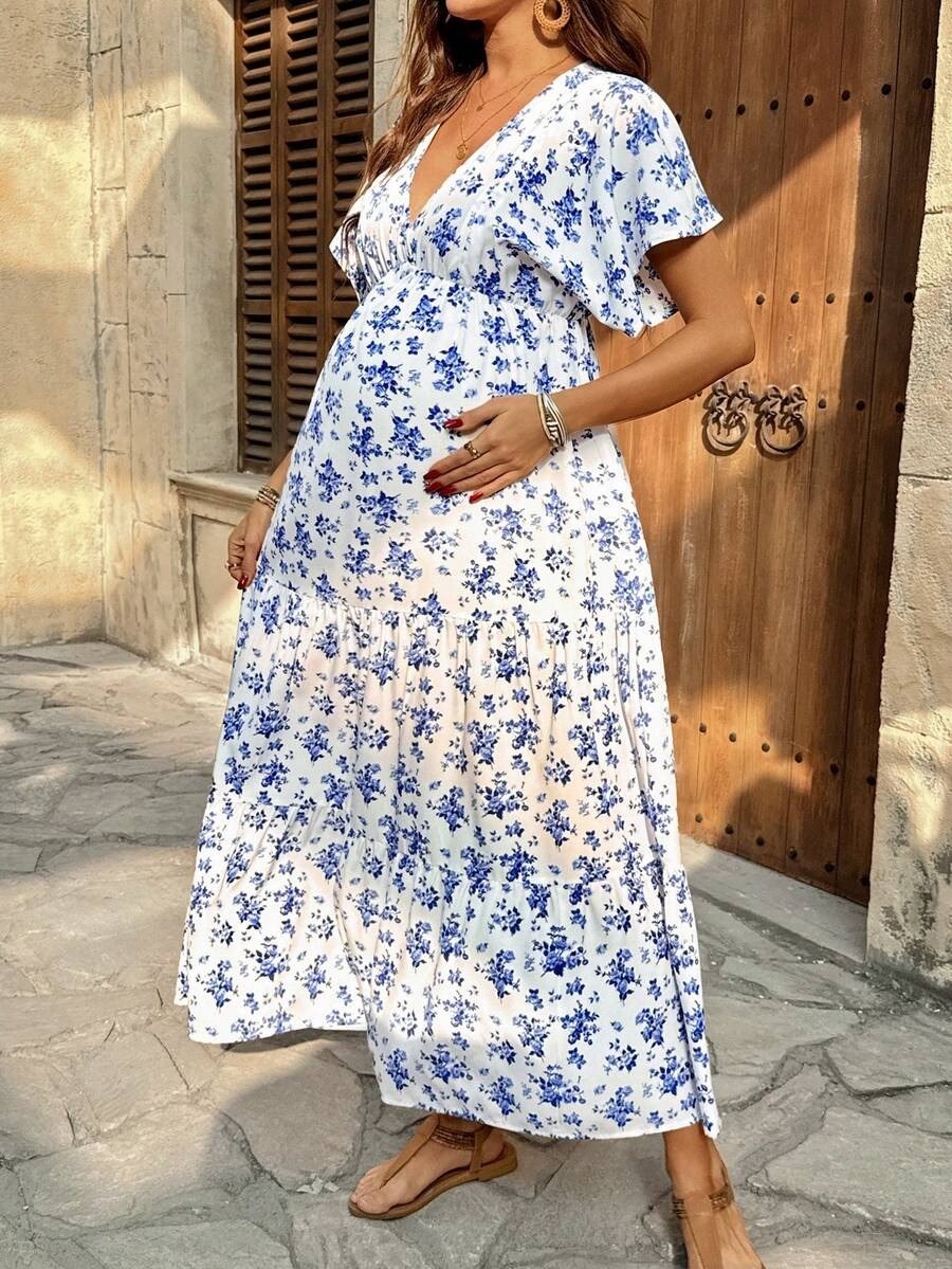 White Floral V-Neck Feeding Maxi Dress