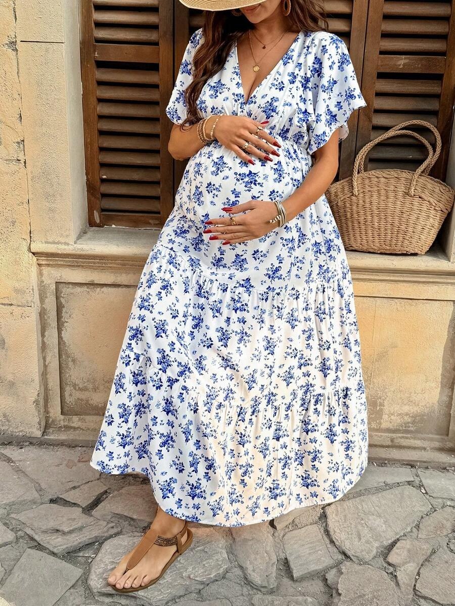 White Floral V-Neck Feeding Maxi Dress