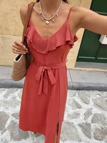 Rust Red Ruffle Slip Midi Dress