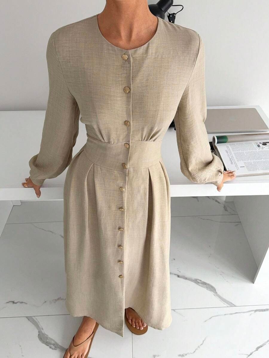 Beige Long Sleeve Button-Up Maxi Dress