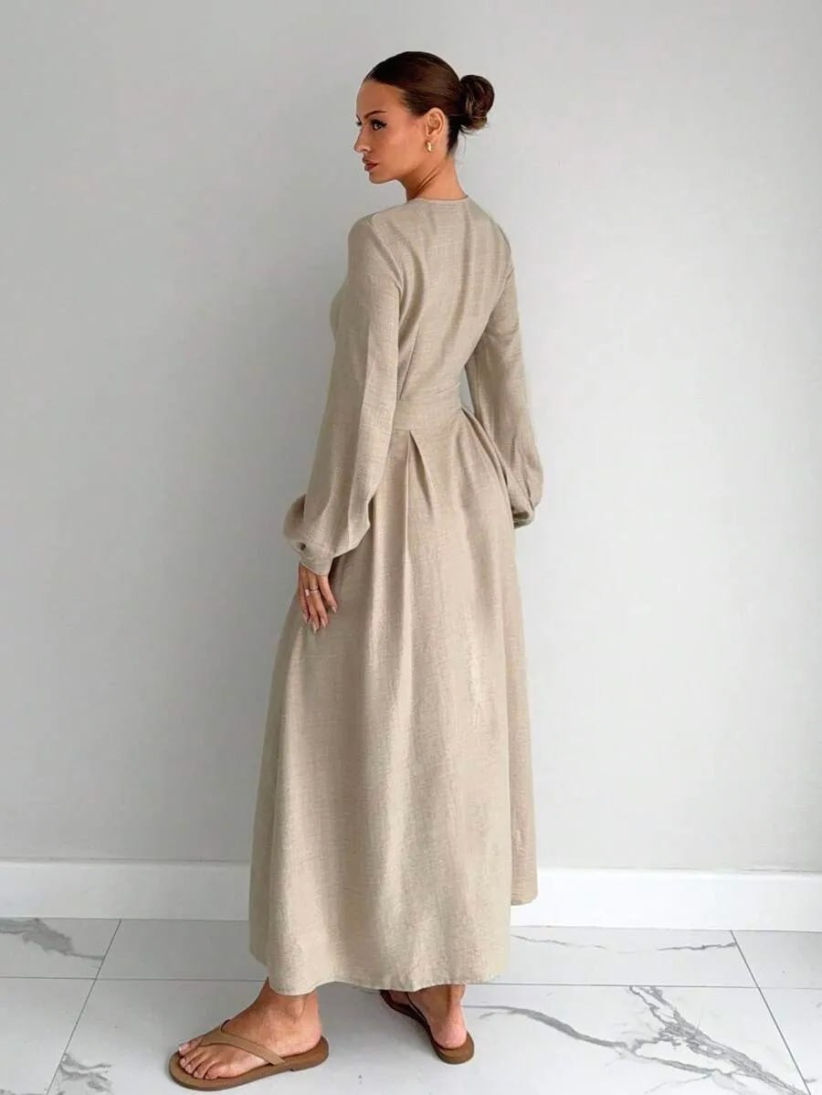Beige Long Sleeve Button-Up Maxi Dress