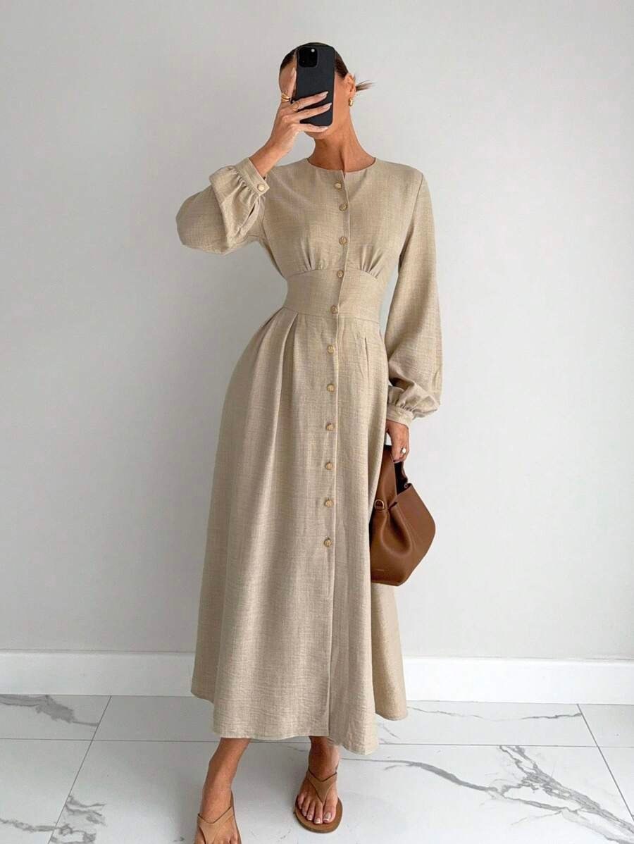 Beige Long Sleeve Button-Up Maxi Dress