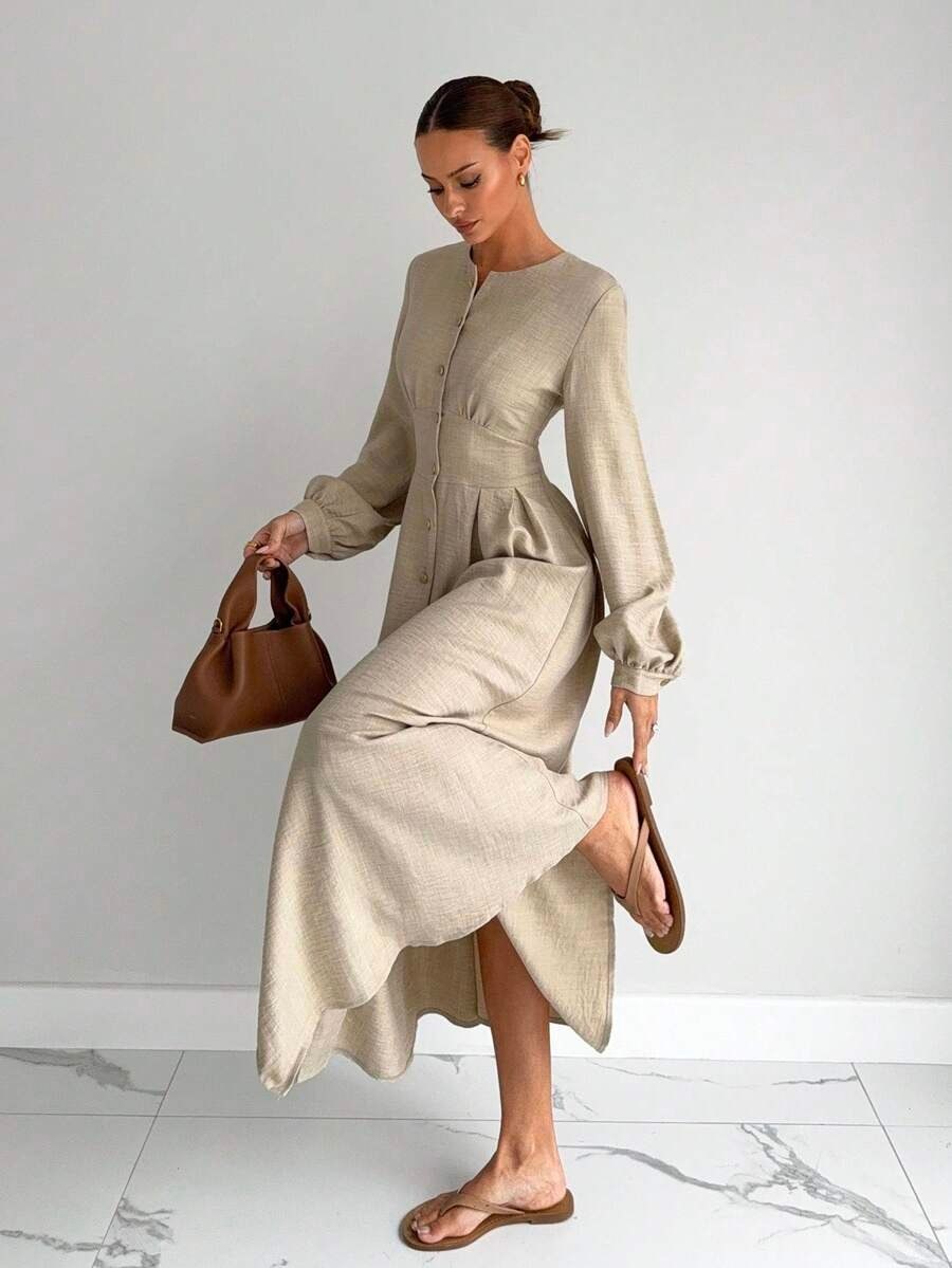 Beige Long Sleeve Button-Up Maxi Dress
