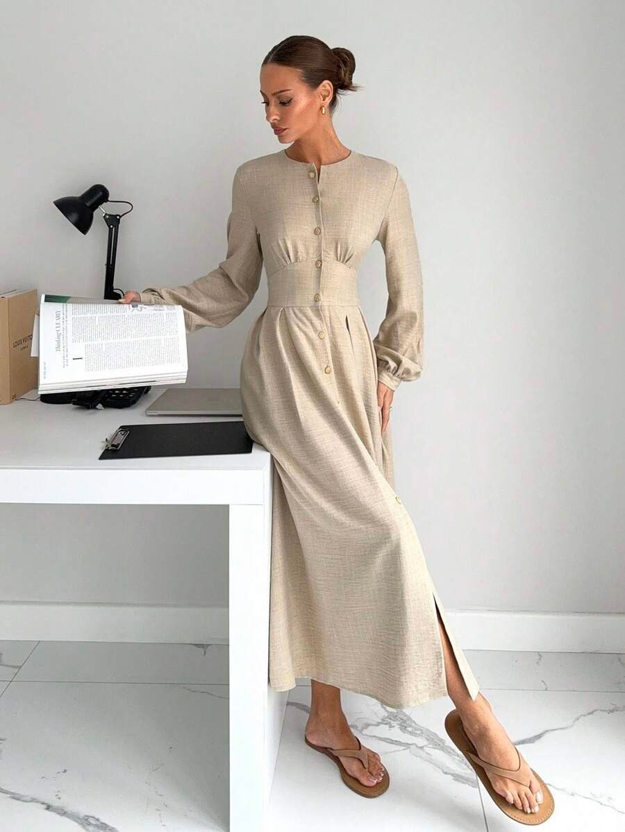 Beige Long Sleeve Button-Up Maxi Dress