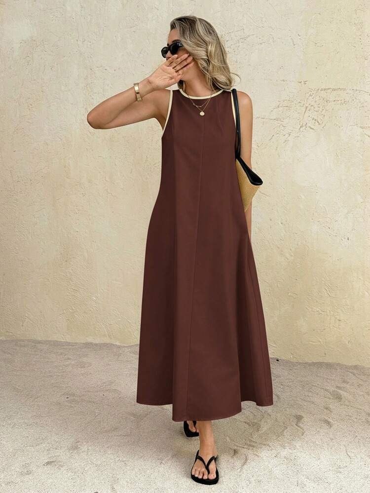 Brown Sleeveless Loose Fit Maxi Dress