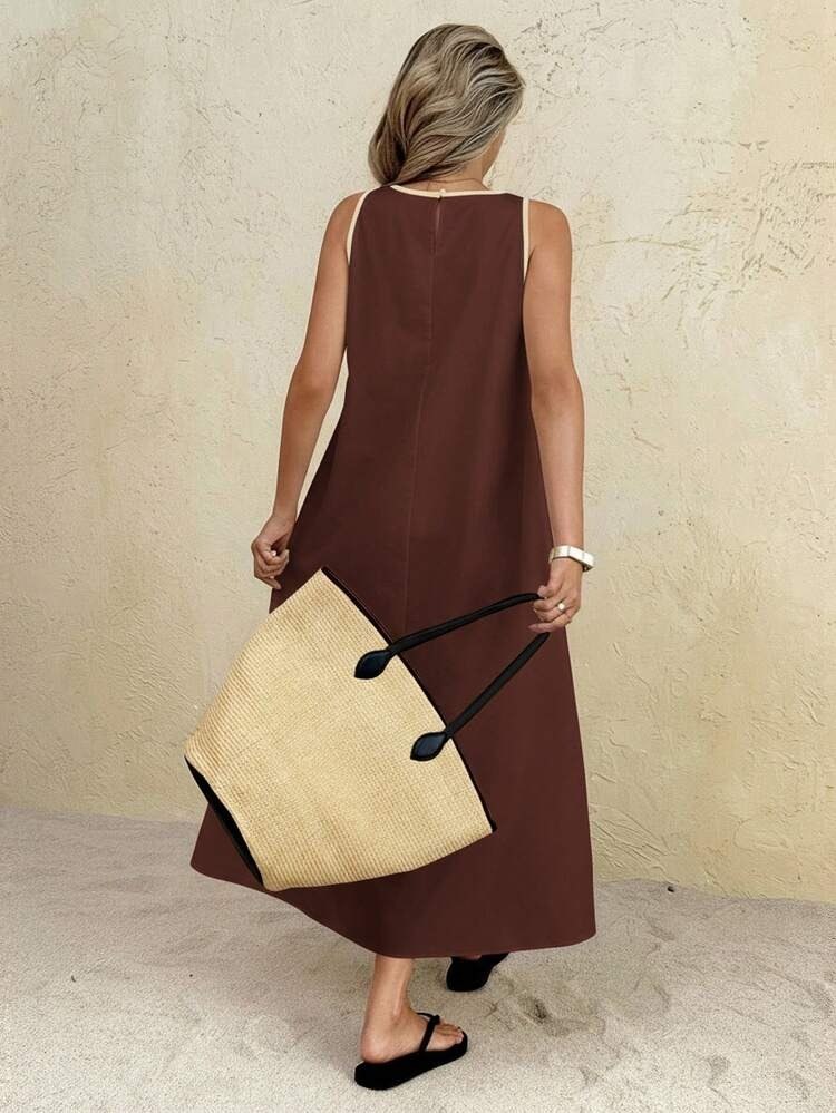 Brown Sleeveless Loose Fit Maxi Dress