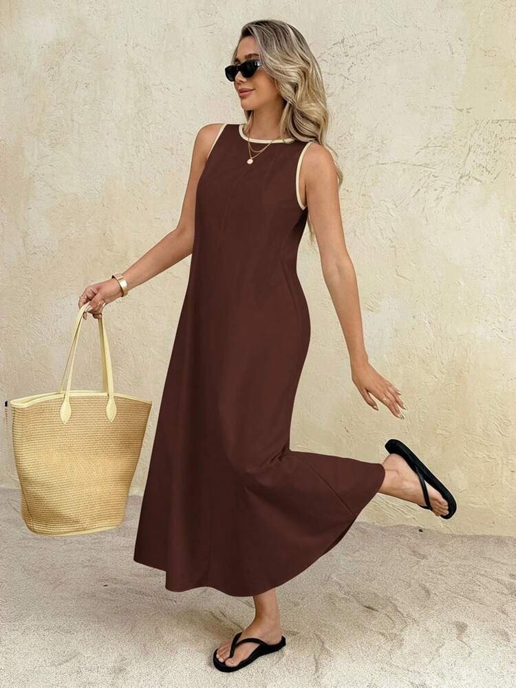 Brown Sleeveless Loose Fit Maxi Dress