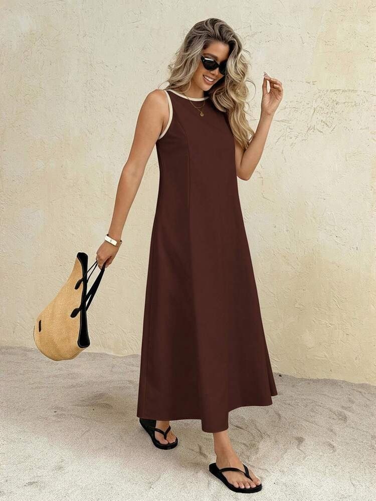 Brown Sleeveless Loose Fit Maxi Dress