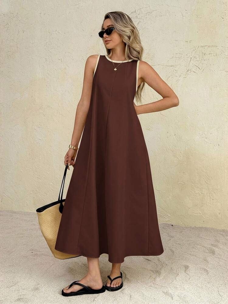 Brown Sleeveless Loose Fit Maxi Dress