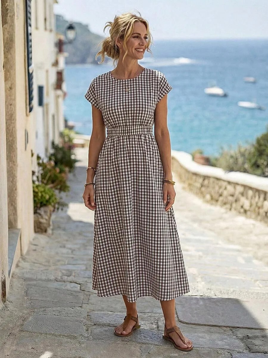 Black & White Gingham Checkered Flowy Midi Dress