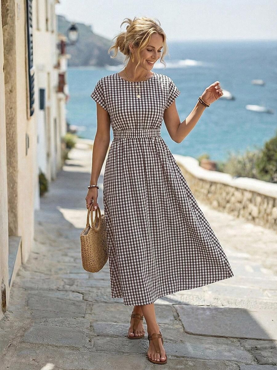 Black & White Gingham Checkered Flowy Midi Dress