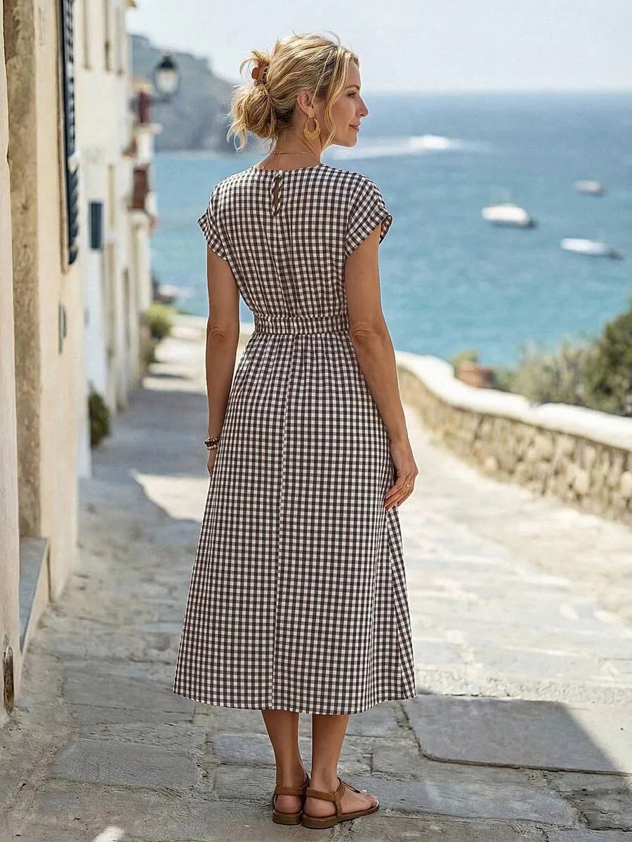 Black & White Gingham Checkered Flowy Midi Dress