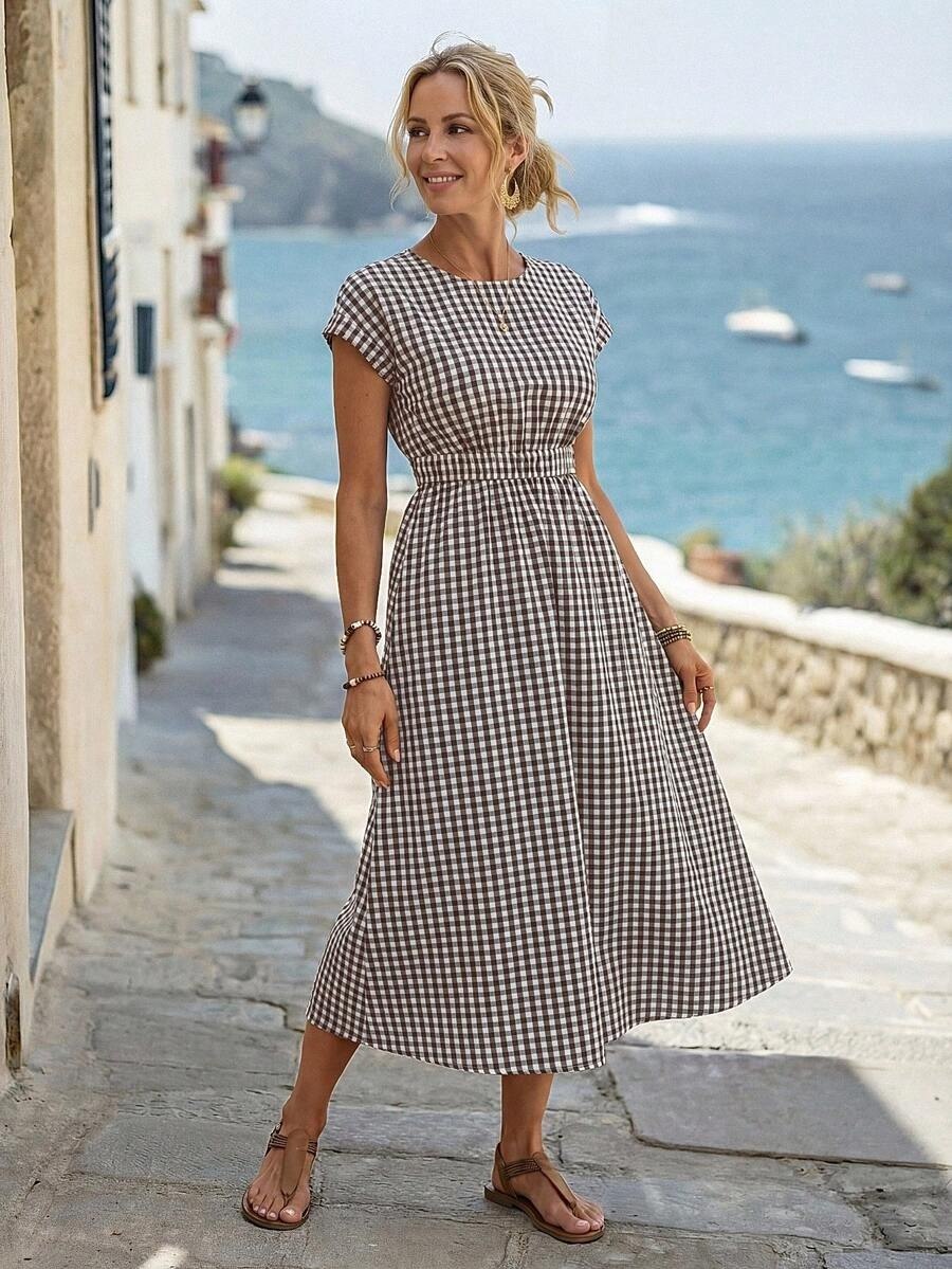 Black & White Gingham Checkered Flowy Midi Dress
