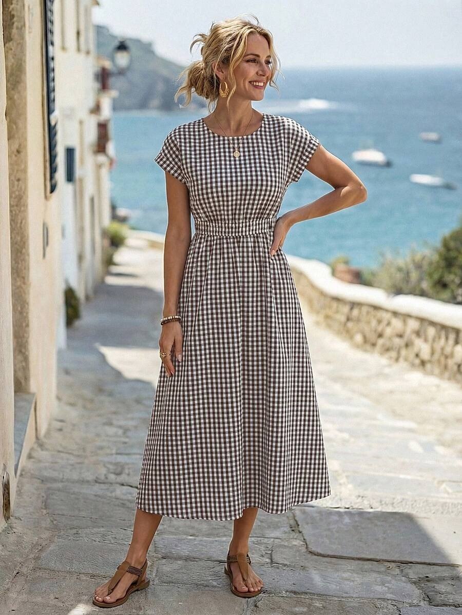 Black & White Gingham Checkered Flowy Midi Dress