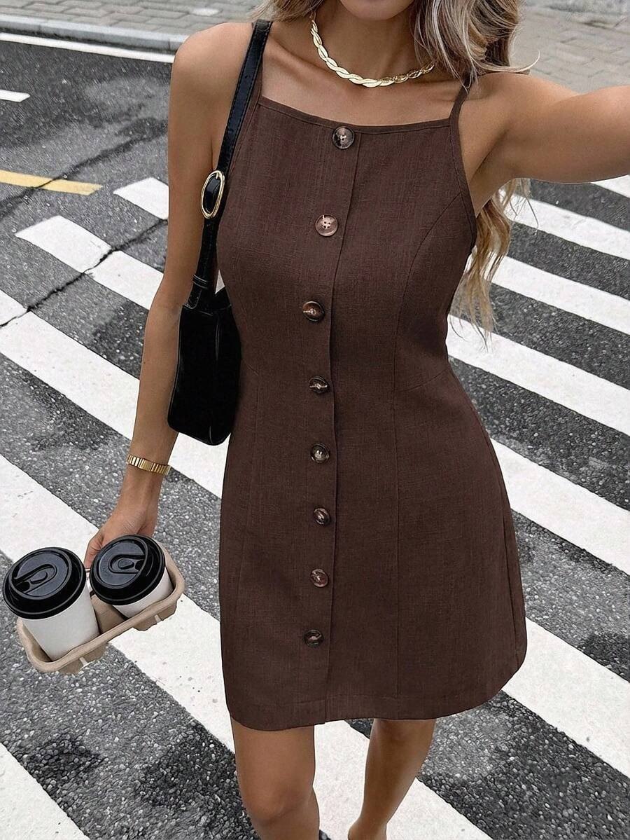 Dark Brown Button-Front Mini Dress