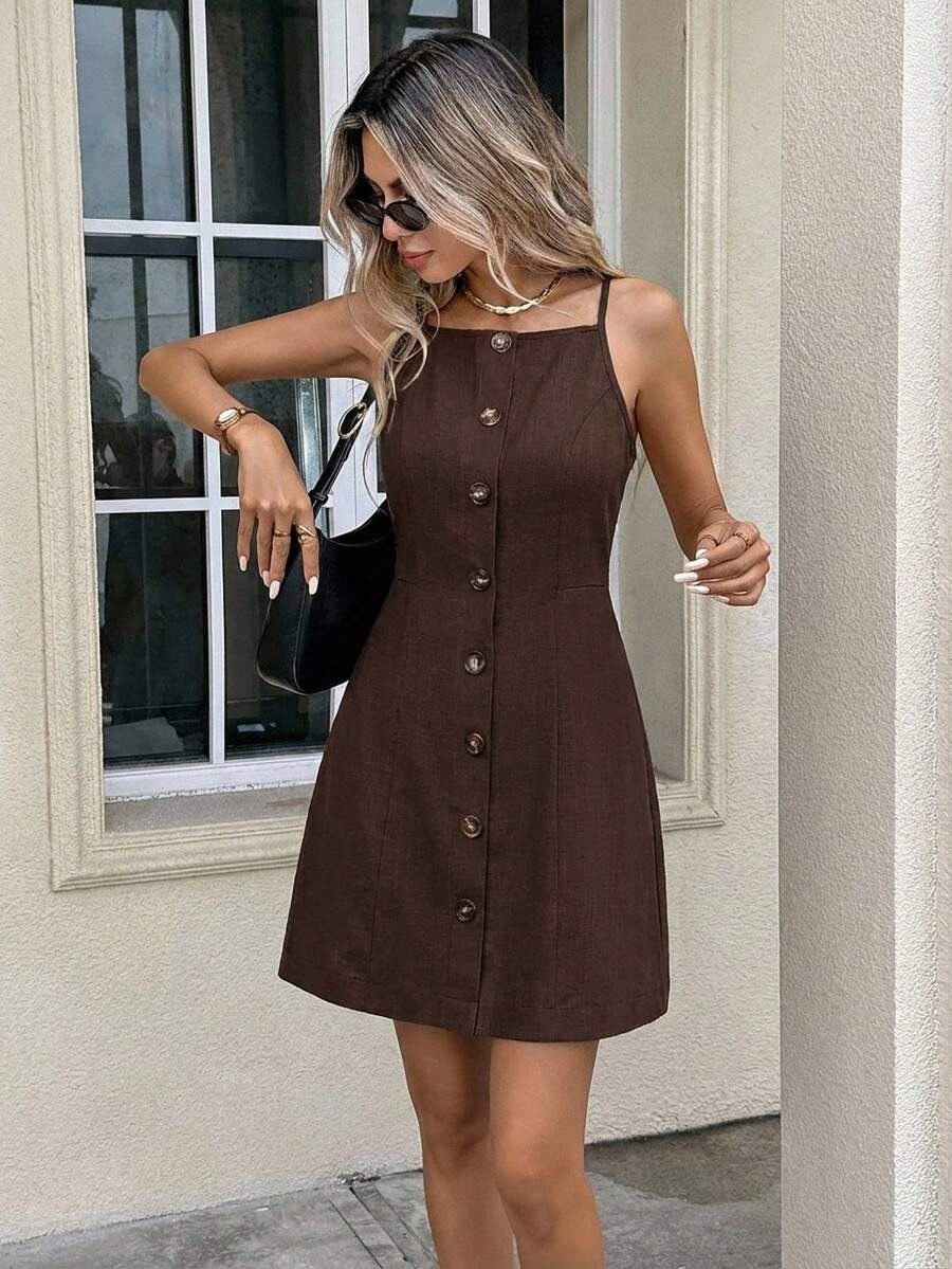 Dark Brown Button-Front Mini Dress