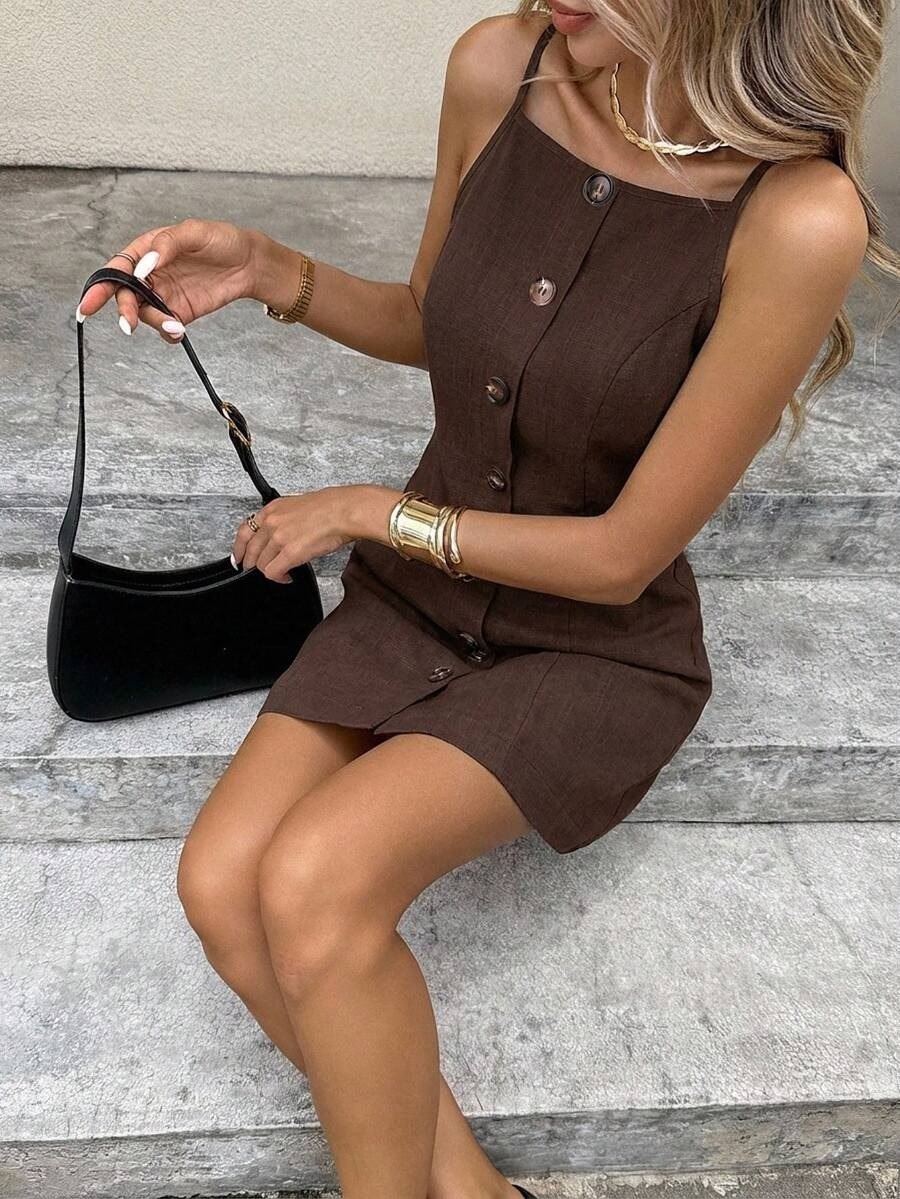 Dark Brown Button-Front Mini Dress