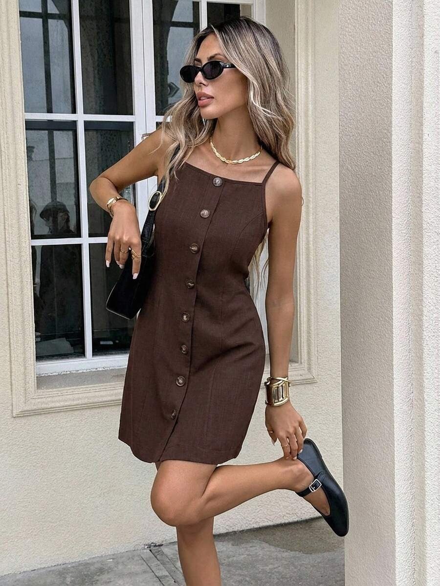 Dark Brown Button-Front Mini Dress