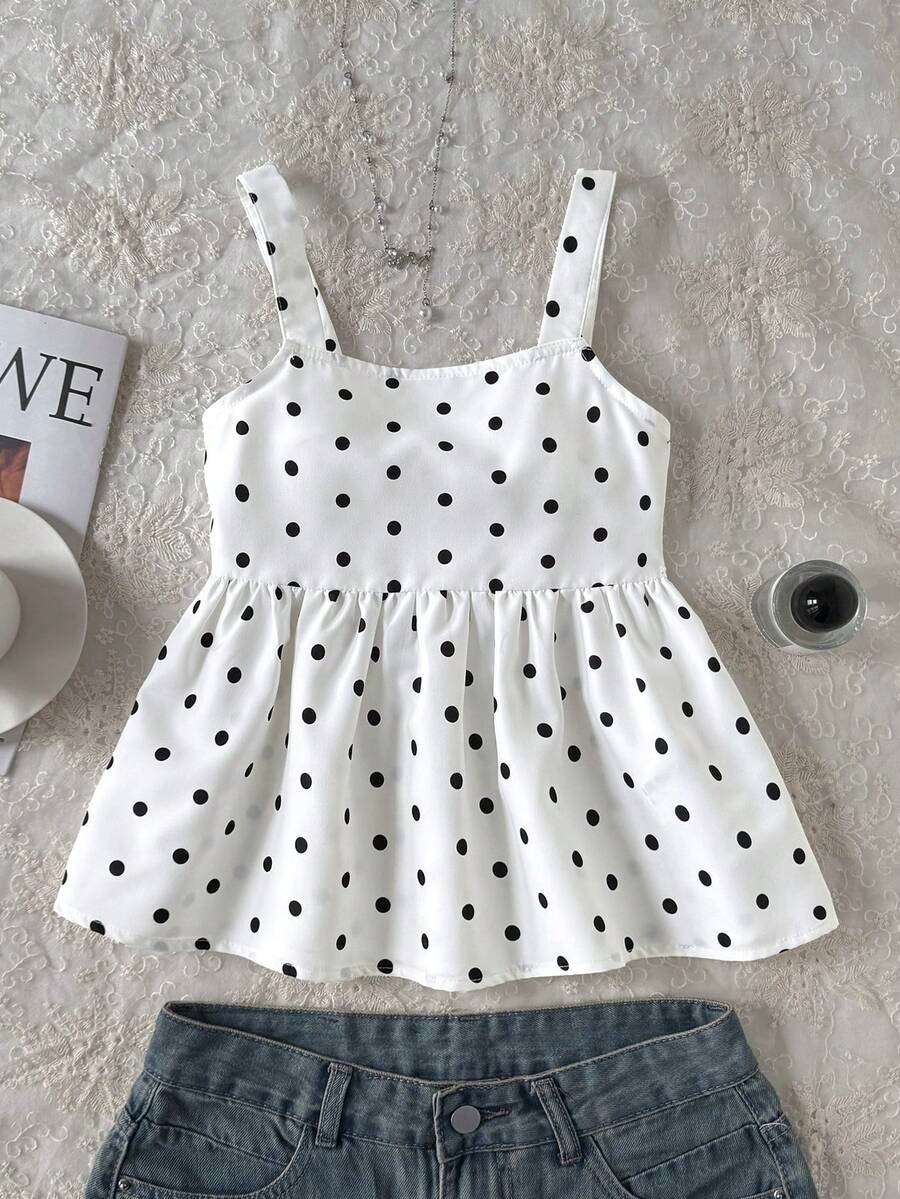 White Polka Dot Sleeveless Bow Back Top