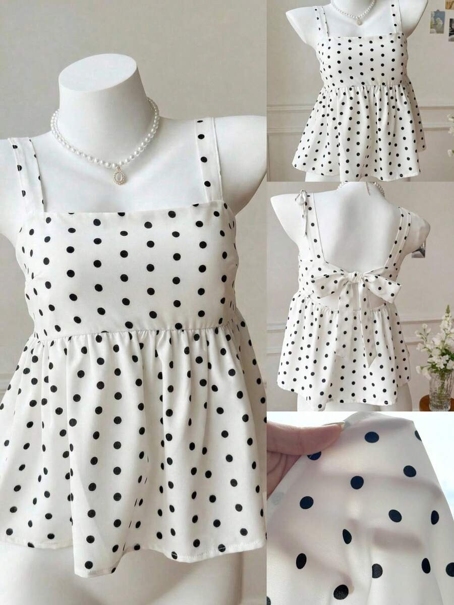 White Polka Dot Sleeveless Bow Back Top