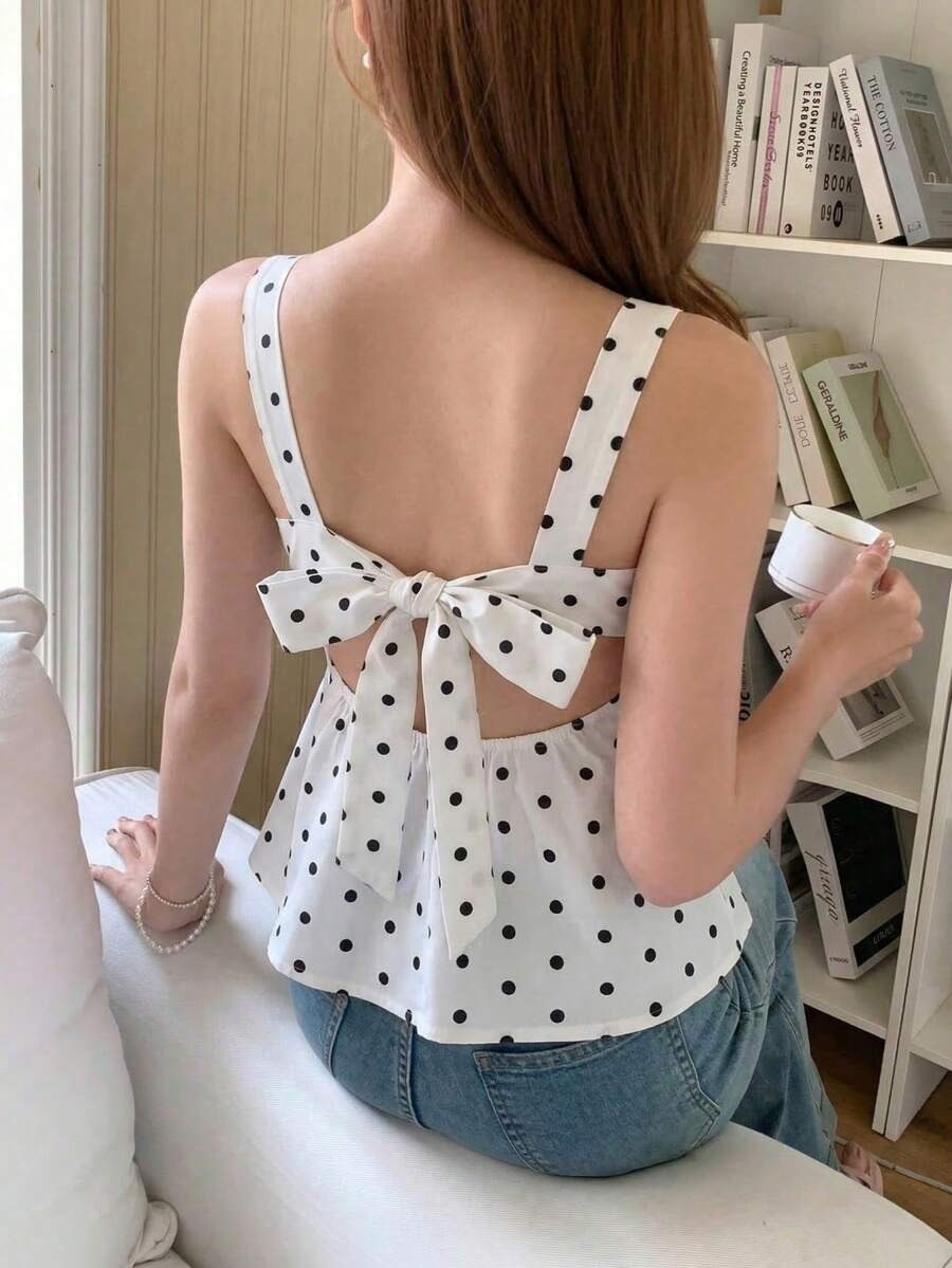 White Polka Dot Sleeveless Bow Back Top