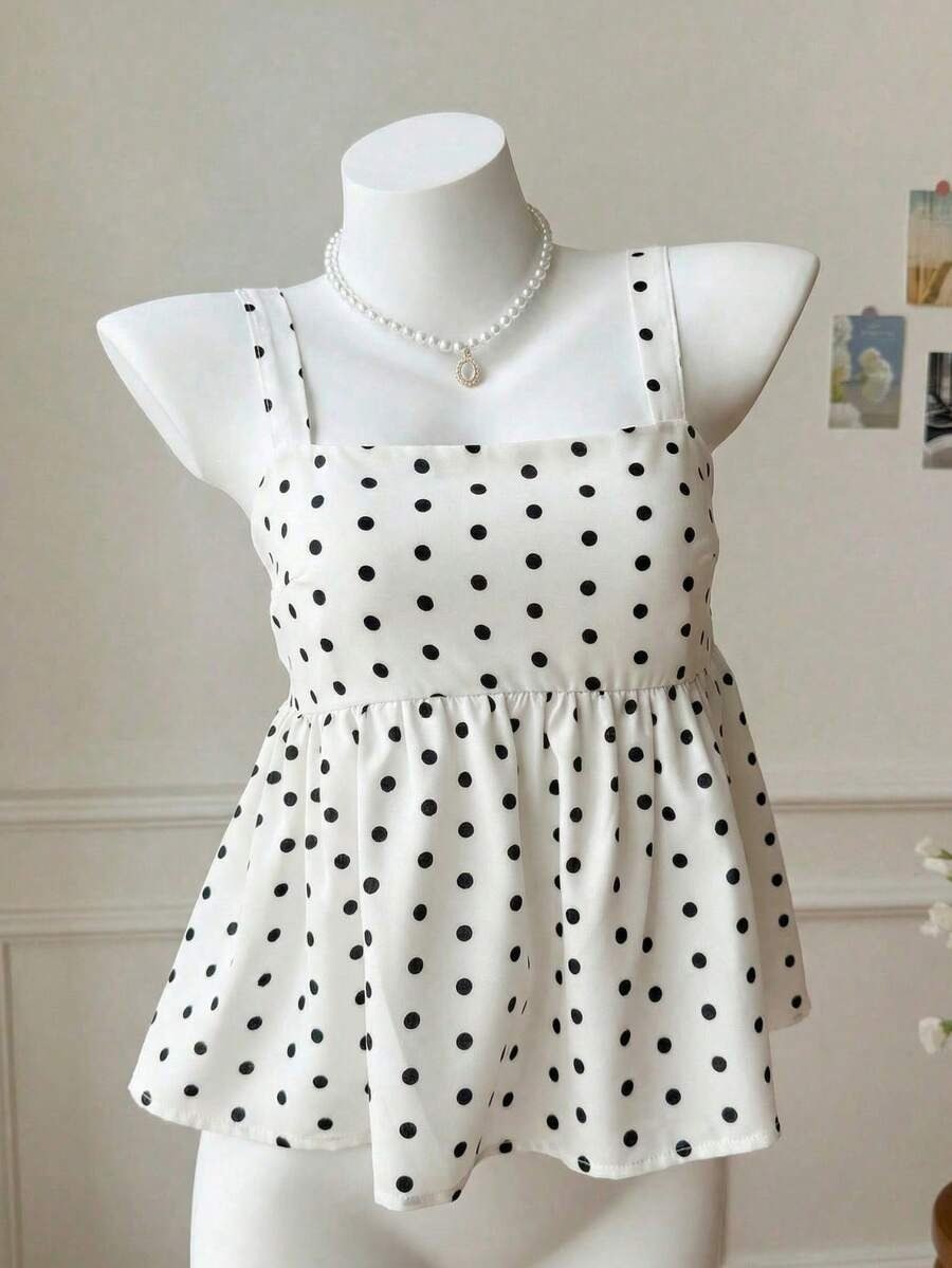 White Polka Dot Sleeveless Bow Back Top