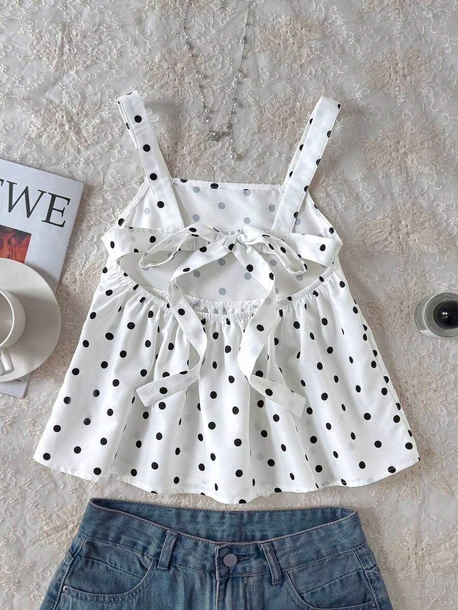 White Polka Dot Sleeveless Bow Back Top