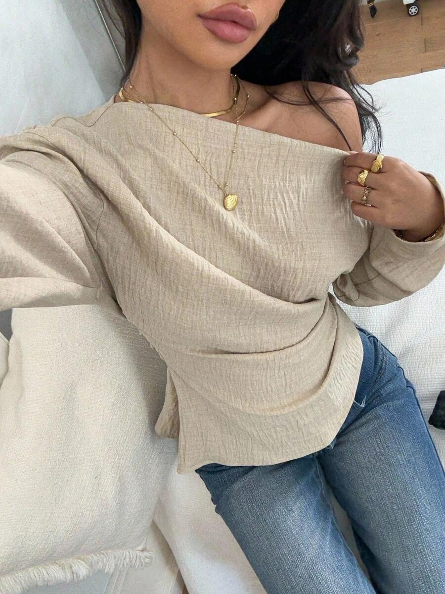 Beige One Shoulder Full Sleeve Top