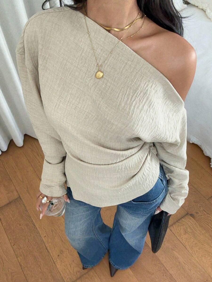 Beige One Shoulder Full Sleeve Top