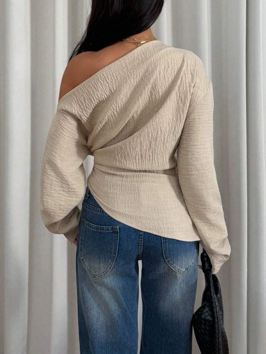 Beige One Shoulder Full Sleeve Top