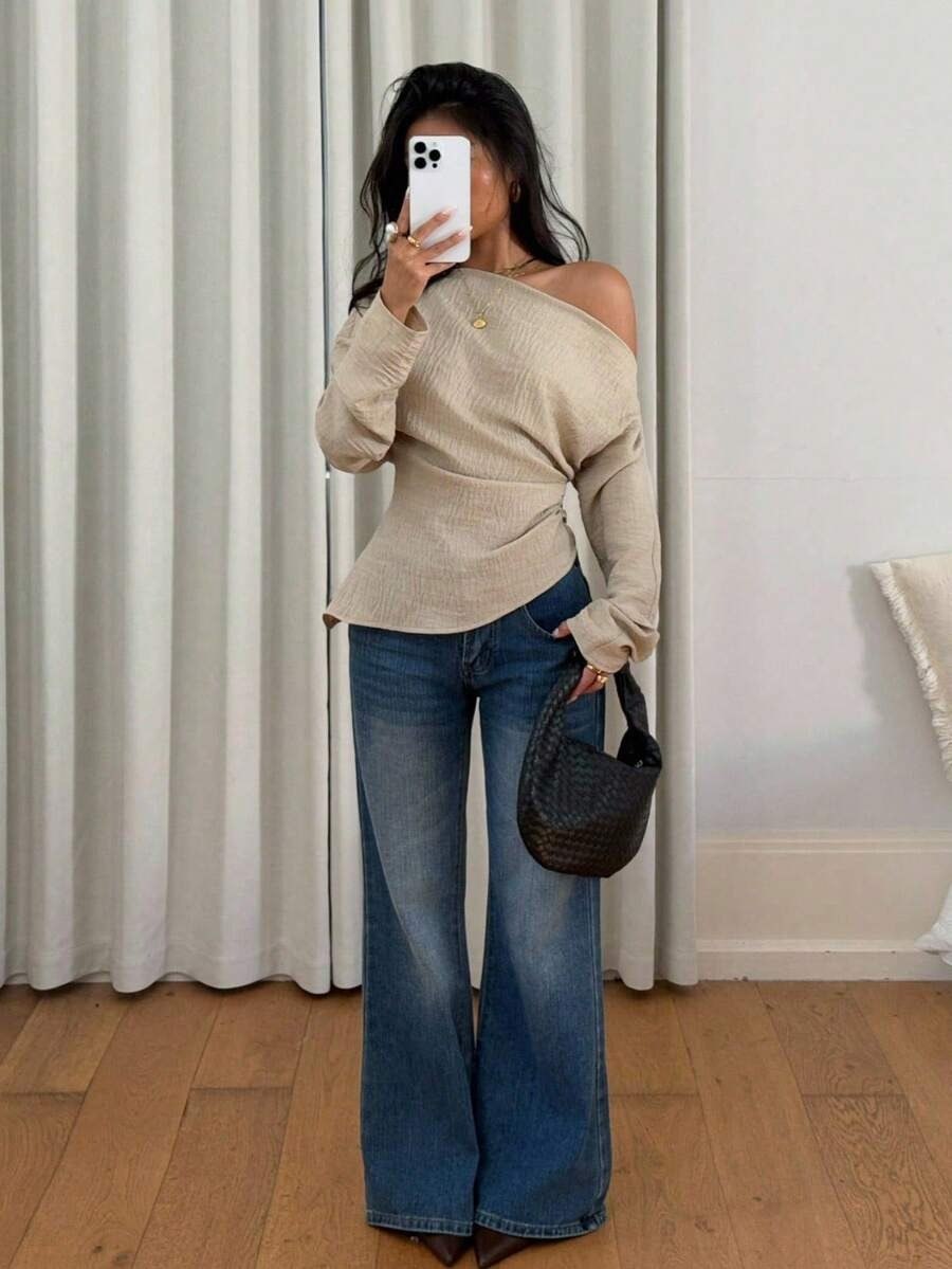 Beige One Shoulder Full Sleeve Top
