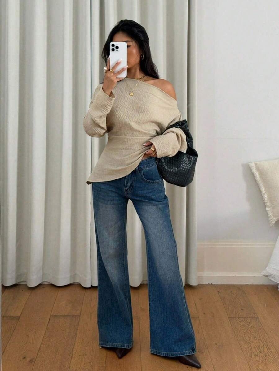 Beige One Shoulder Full Sleeve Top