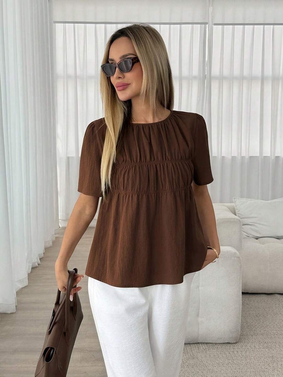Brown Round Neck Peplum Top