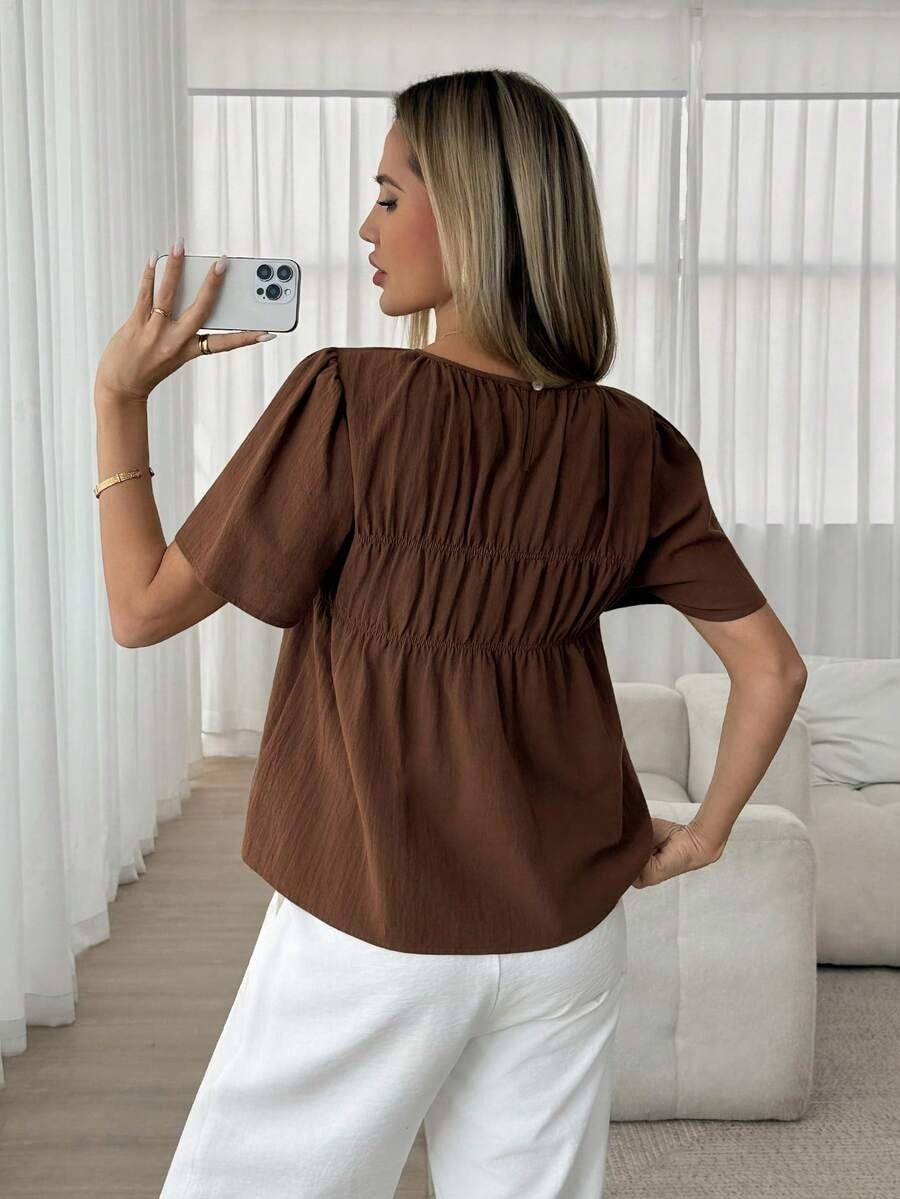 Brown Round Neck Peplum Top
