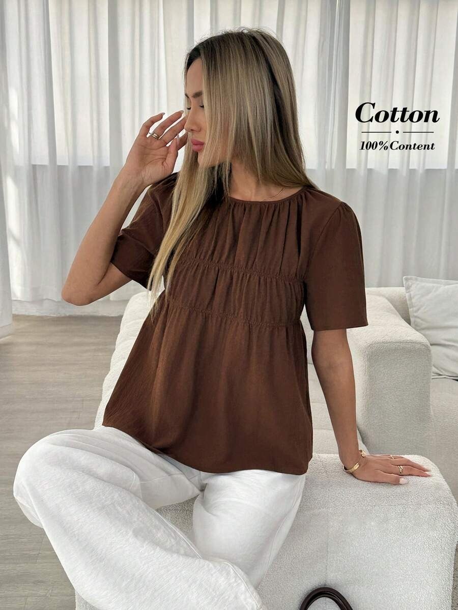 Brown Round Neck Peplum Top