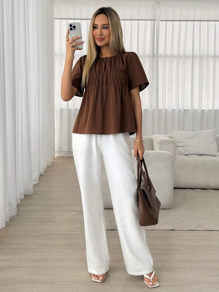 Brown Round Neck Peplum Top