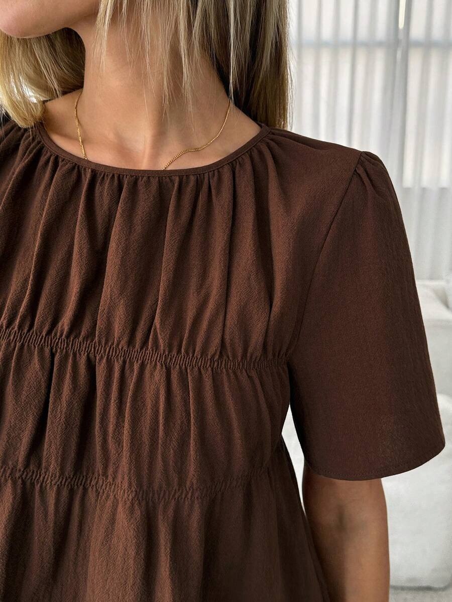 Brown Round Neck Peplum Top