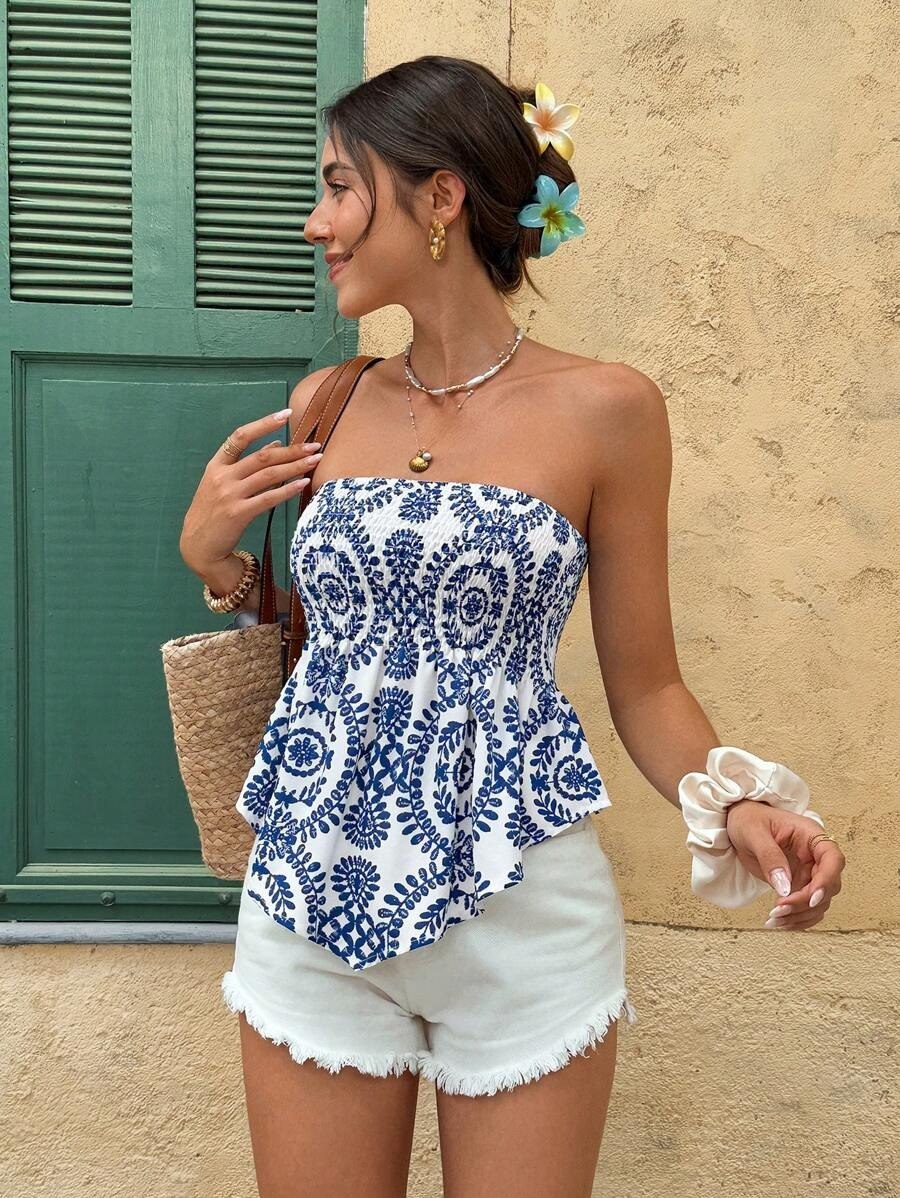 Bohemian white Blue Printed Strapless Top